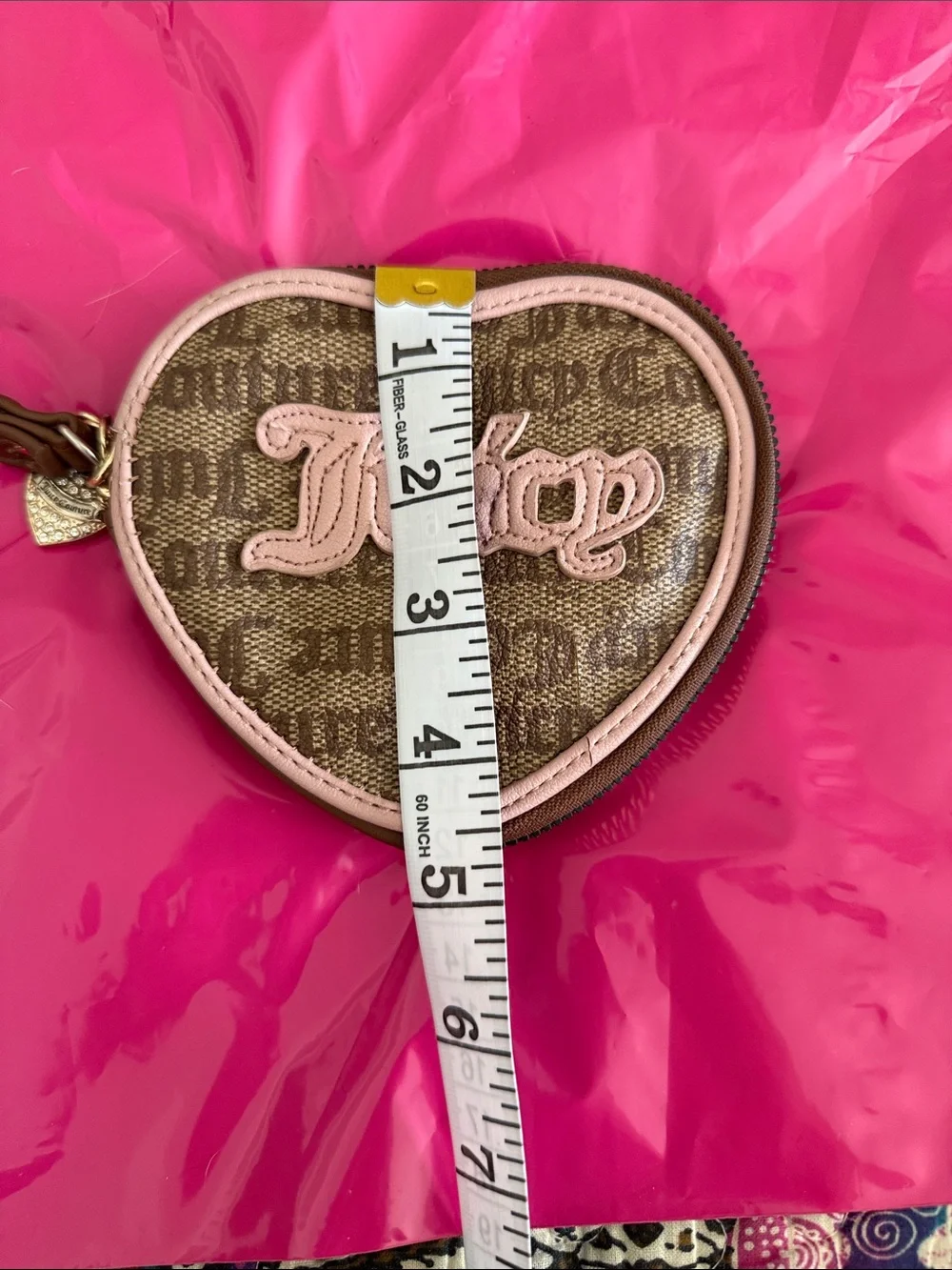 Juicy Couture Heart Wristlet in Beige with Pink Trim